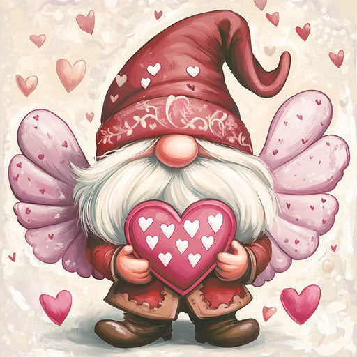 Valentine's Day gnome with wings holding a heart-shaped box of candy