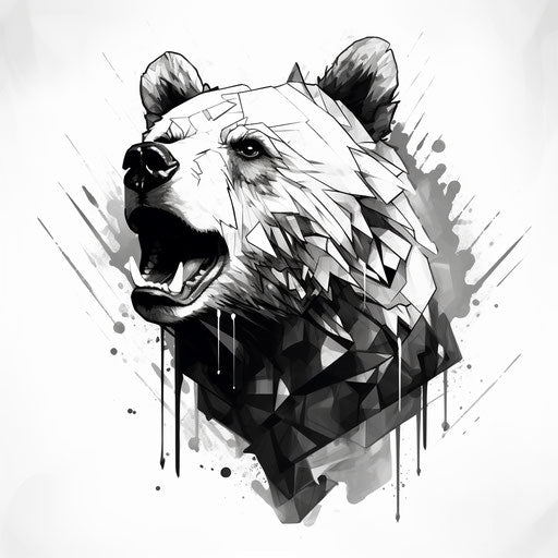Black and white bear head, cubist graphic art style