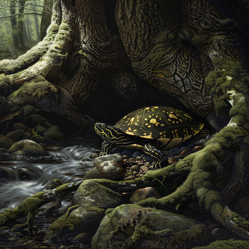 Yellow spotted turtle nestled in the roots of an ancient tree by a primeval forest stream.