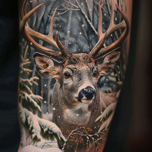 Photorealistic tattoo of a majestic stag on snowy white background