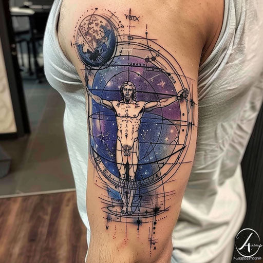 Elegant sketch of Vitruvian Man with galaxy theme