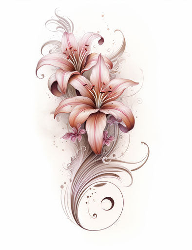 Tattoo sketch lilies swirls, light brown pink style captivating