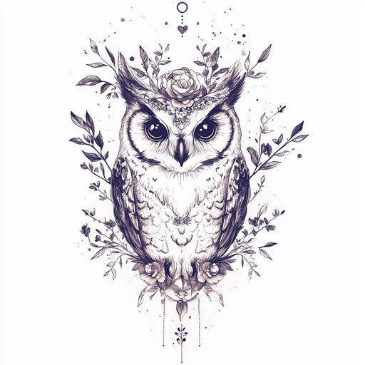 Flat owl chest tattoo with floral crown and leafy branches
