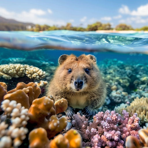 Quokka peeking behind a colorful reef in tropical sea