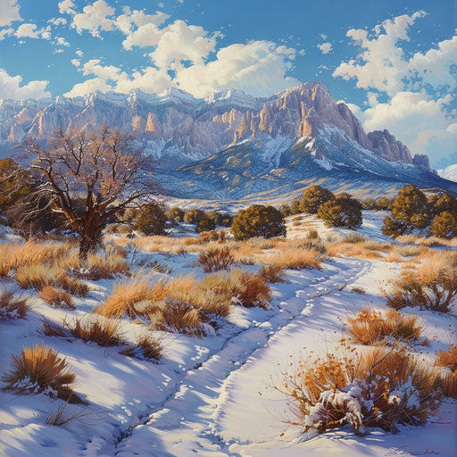 The sandia mountains in winter with a snowy landscape in the style of William Patino