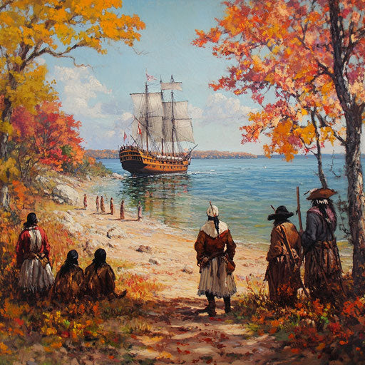 Arrival of the ship in view, with Native Americans watching from the shore, vibrant fall colors in the background