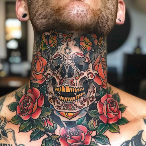 Neck tattoo for men of traditional roses and skulls