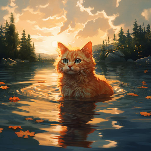 Orange cat swimming in a lake by the shore