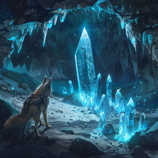 Exploring a mystical cave with glowing crystals and ancient runes