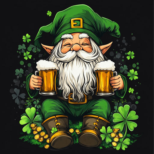 St. Patrick's Day gnome with beer mugs, clovers, gold coins