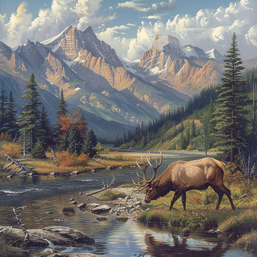 Elk grazing on the edge of a wild river, with mountains in the background