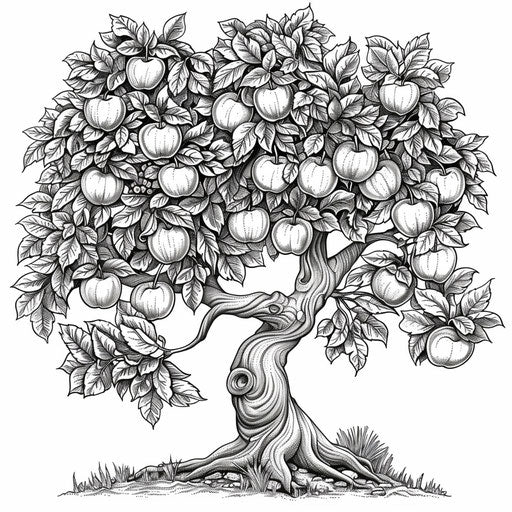 Realistic apple tree with detailed bark and foliage. Coloring book page