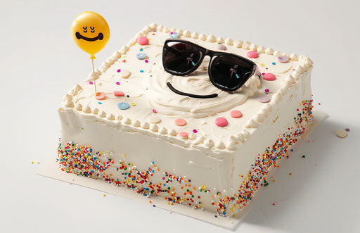 White cake with emoji sunglasses and confetti