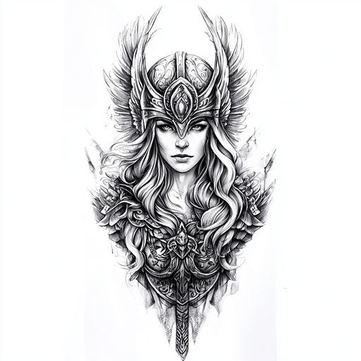 Fantasy Viking sleeve tattoo with Valkyrie on white