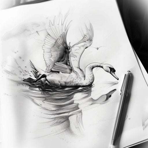 Elegant water tattoo sketch of a swan gliding over calm water