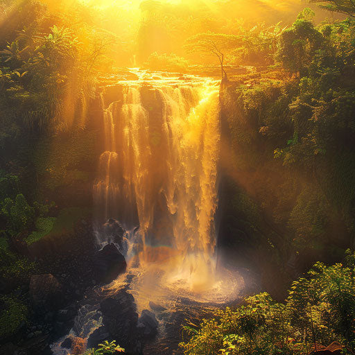 Tegenungan Waterfall with golden light cascading water