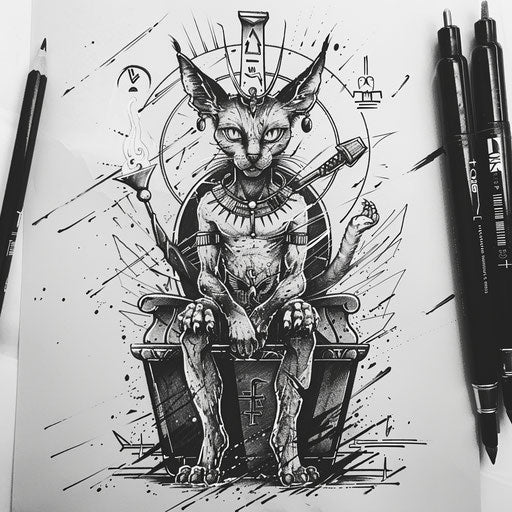 Classic flat tattoo sketch of Bastet seated on a throne