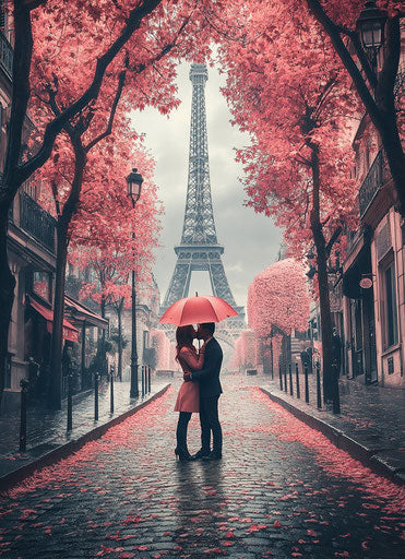 Romantic couple under an umbrella in front of the Eiffel Tower