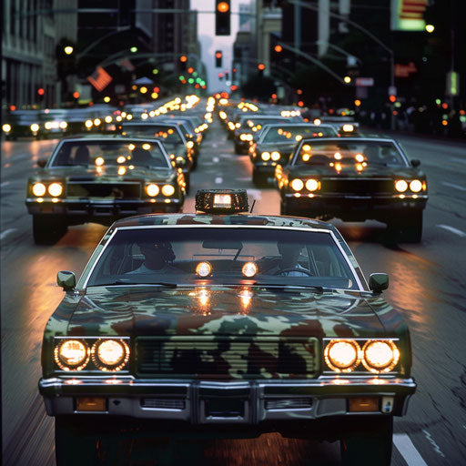 1976 Malibu Classic in military theme, camouflage paint and mounted lights, in a convoy