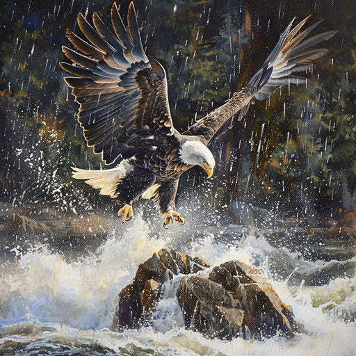 Majestic bald eagle landing on rocky island in middle of raging river