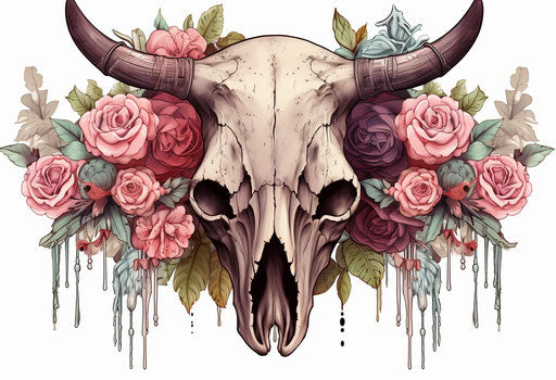 Buffalo skull with feathers and roses tattooed on neck