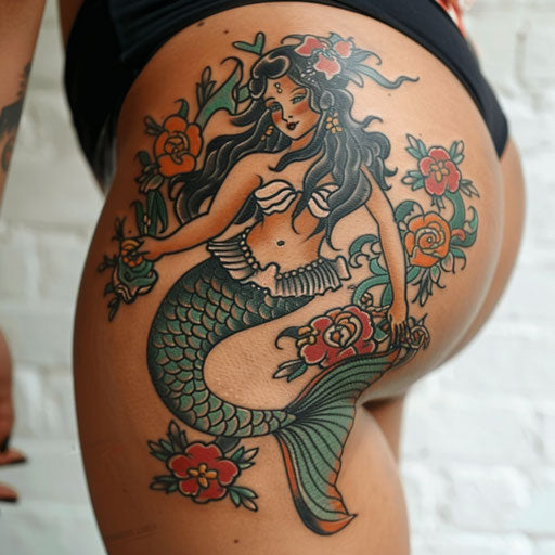 Hip tattoo of a mermaid, in the style of Sailor Jerry