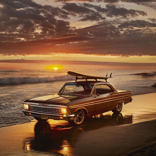 1967 surf-inspired Chevy Bel Air on a beach at sunset