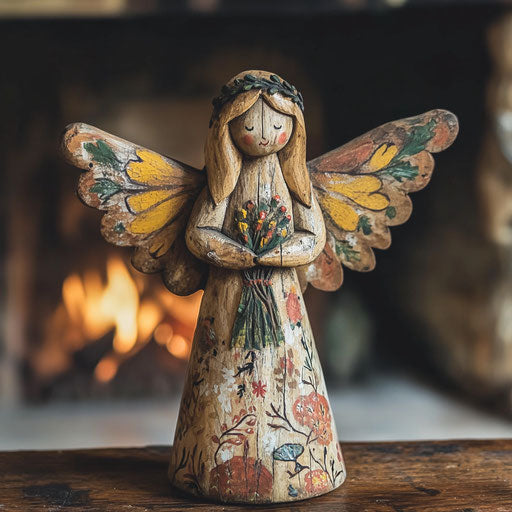 Rustic wooden angel painted in folk art style, wings adorned with natural motifs, next to a fireplace