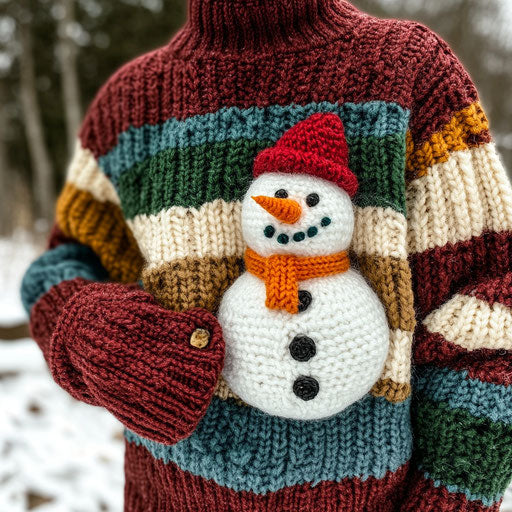 Hand-knitted sweater with mismatched sleeves and crooked snowman