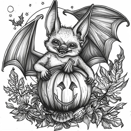 Whimsical bat holding a smiling pumpkin