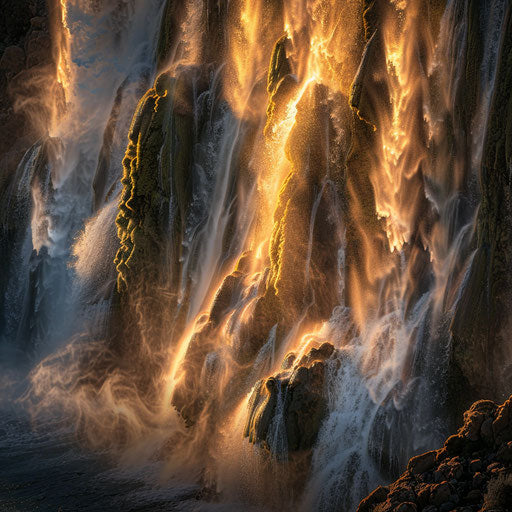 Burney Falls, California, with dramatic lighting and shadows, in the style of Marc Adamus