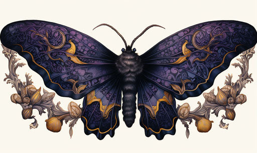 Moth in black with purple and yellow wings