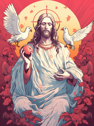 Jesus holding a piece of bread in his hands