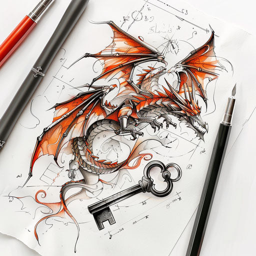 Dynamic sketch of a key transforming into a dragon, vibrant clipart style