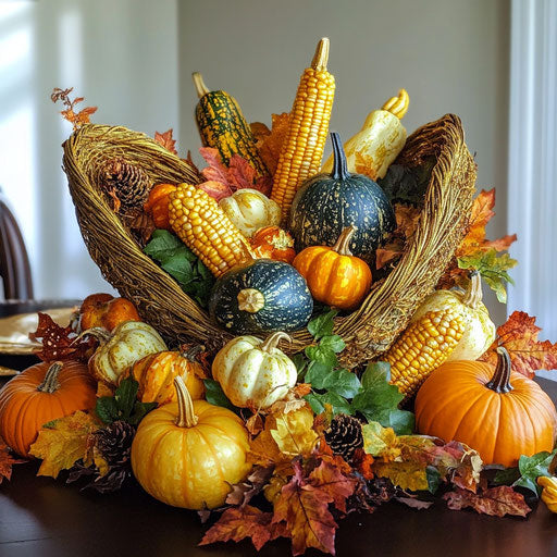 Autumn table centerpiece with cornucopia and golden candles