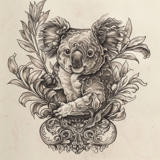 Neo-traditional koala tattoo with vintage decorations