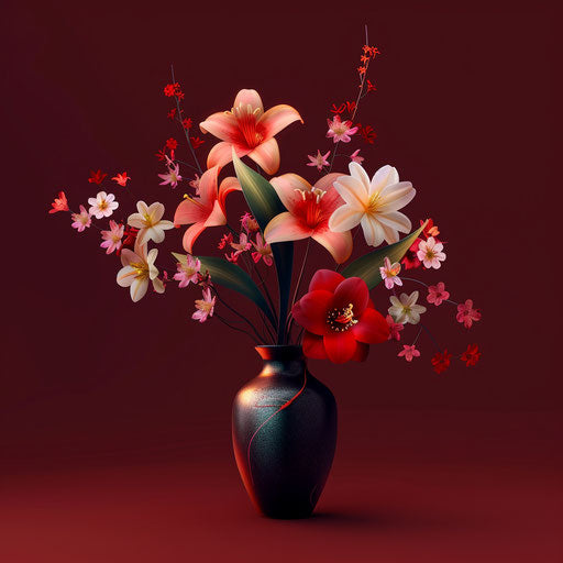 Realistic flower vase clipart on a rich burgundy background