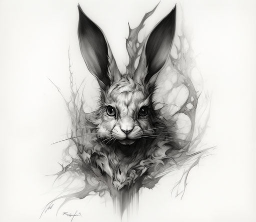 Black and white rabbit in 2D animation, sharp lines, thick texture