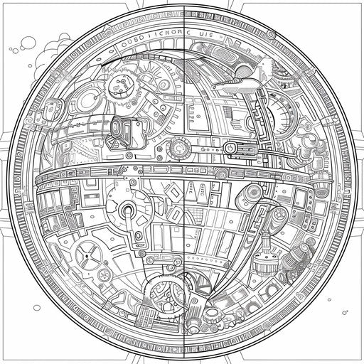 Steampunk Earth with gears, coloring book page
