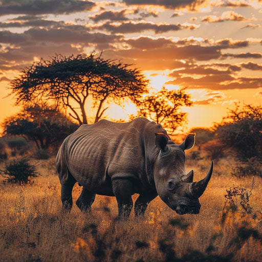 Majestic rhino on the African savannah at sunset
