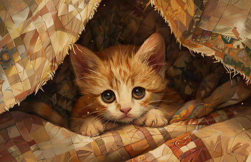 Kitten playing under a quilt, uncertain weather style