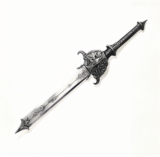 Gothic-style black and white sword illustration on white