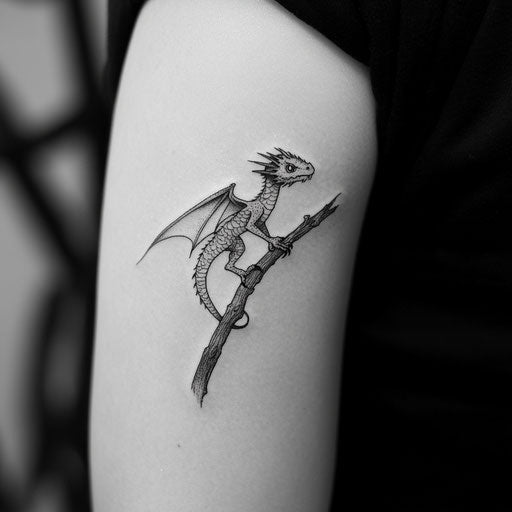 Small arm tattoos with a tiny dragon perched on a branch