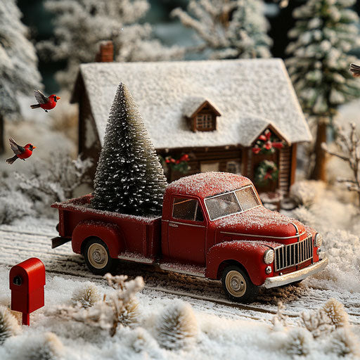Red truck with Christmas tree, snowy cabin, red mailbox, cardinals, doormat photo