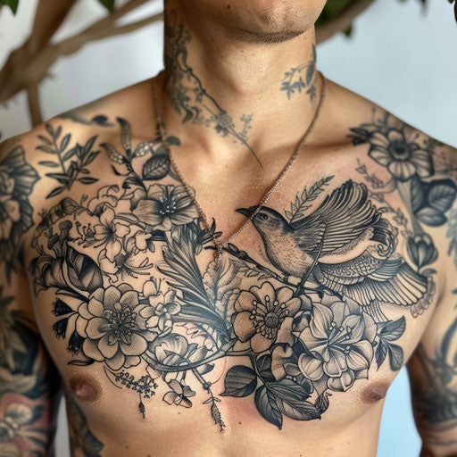 Male chest tattoo with detailed botanical illustrations