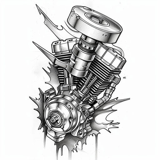 Bold tattoo sketch of a piston with a dramatic, detailed engine part background