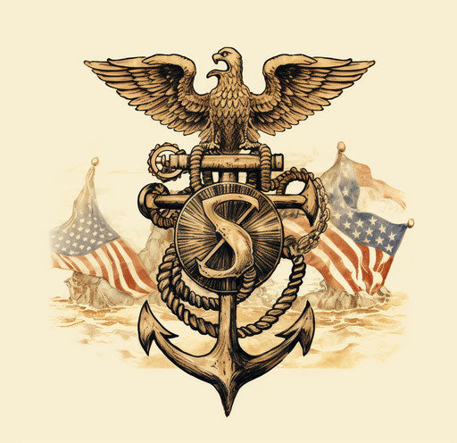 US Marine emblem with anchor, eagle and anchor, in illustrative pen and ink style