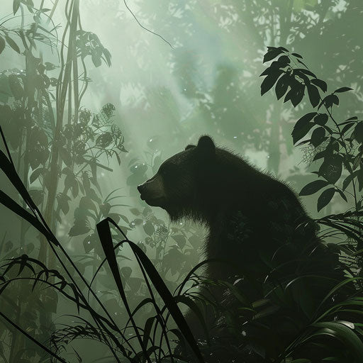 Sun bear emerging from misty jungle