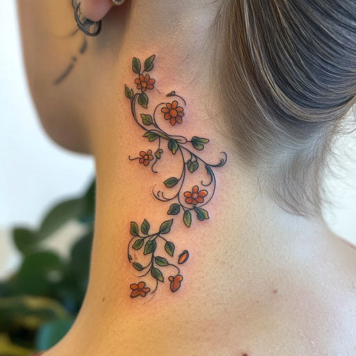 Small neck tattoos in the style of Maria Sibylla Merian with a small floral vine