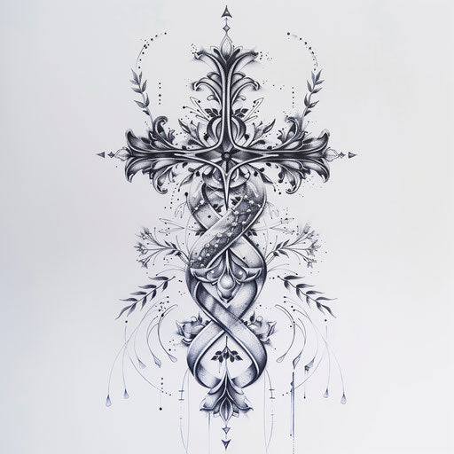 Strength cross tattoo intertwined with a DNA helix